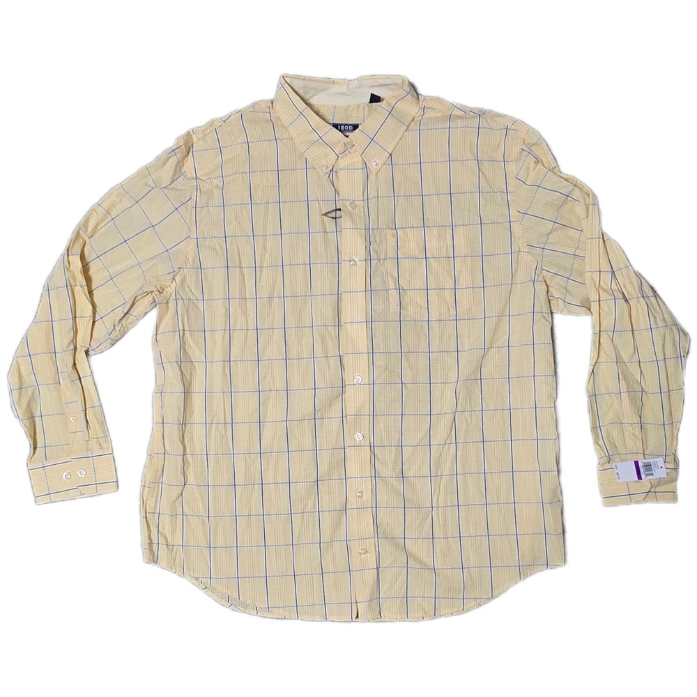 IZOD Premium Men Long Sleeve Button Down Shirt Check Pattern Yellow 2XL (AB)‎